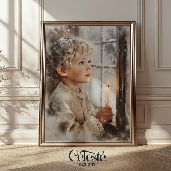 Victorian Child Candlelight Frosted Window Nostalgic Christmas Poster