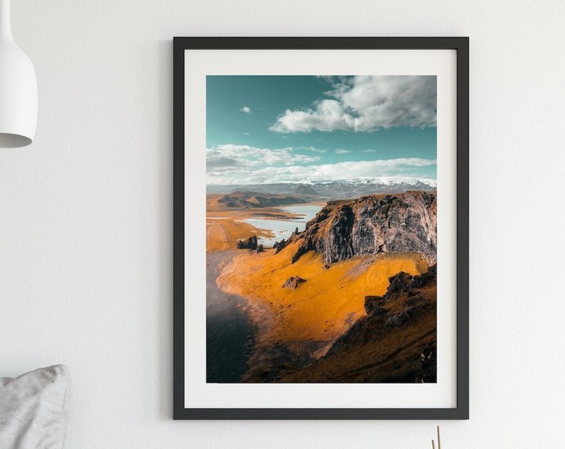 Dyrholaey Iceland Golden Cliffs Black Beach Distant Glacier Poster - Image 3