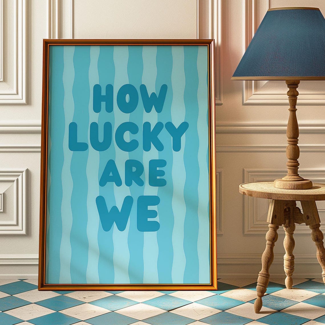 How Lucky Are We Teal Striped Affirmation Wall Print for Dorms