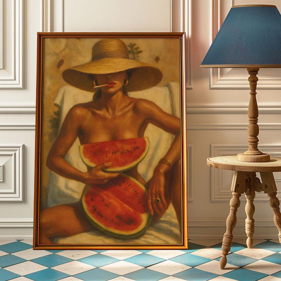 Retro Woman With Watermelon Print Sensual Western Poster Cigarette Hat Vintage Nude Female Summer Decor