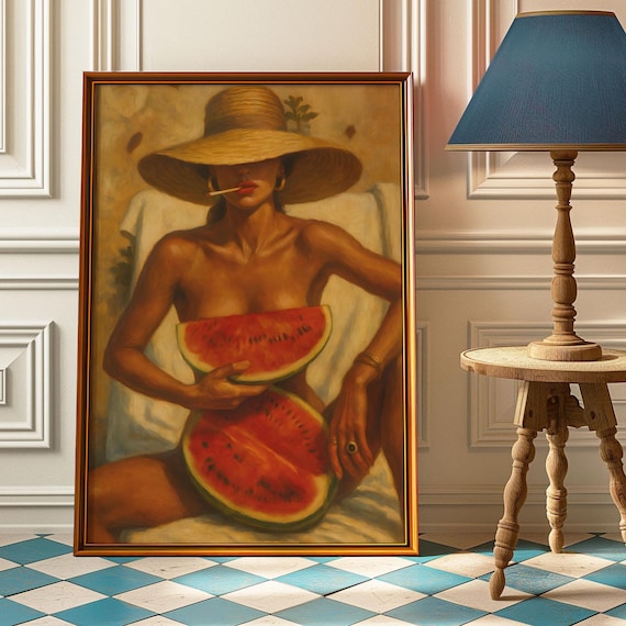 Vintage Sunhat Woman Watermelon Retro Summer Pinup Art Poster