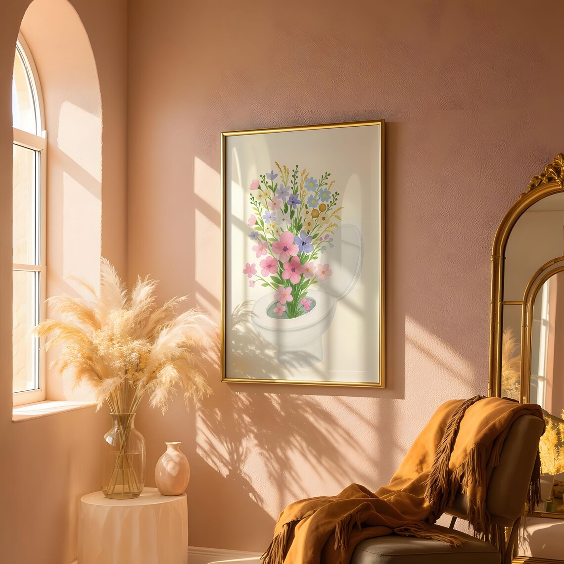 Flowers In Toilet Retro Funny Bathroom Art Print