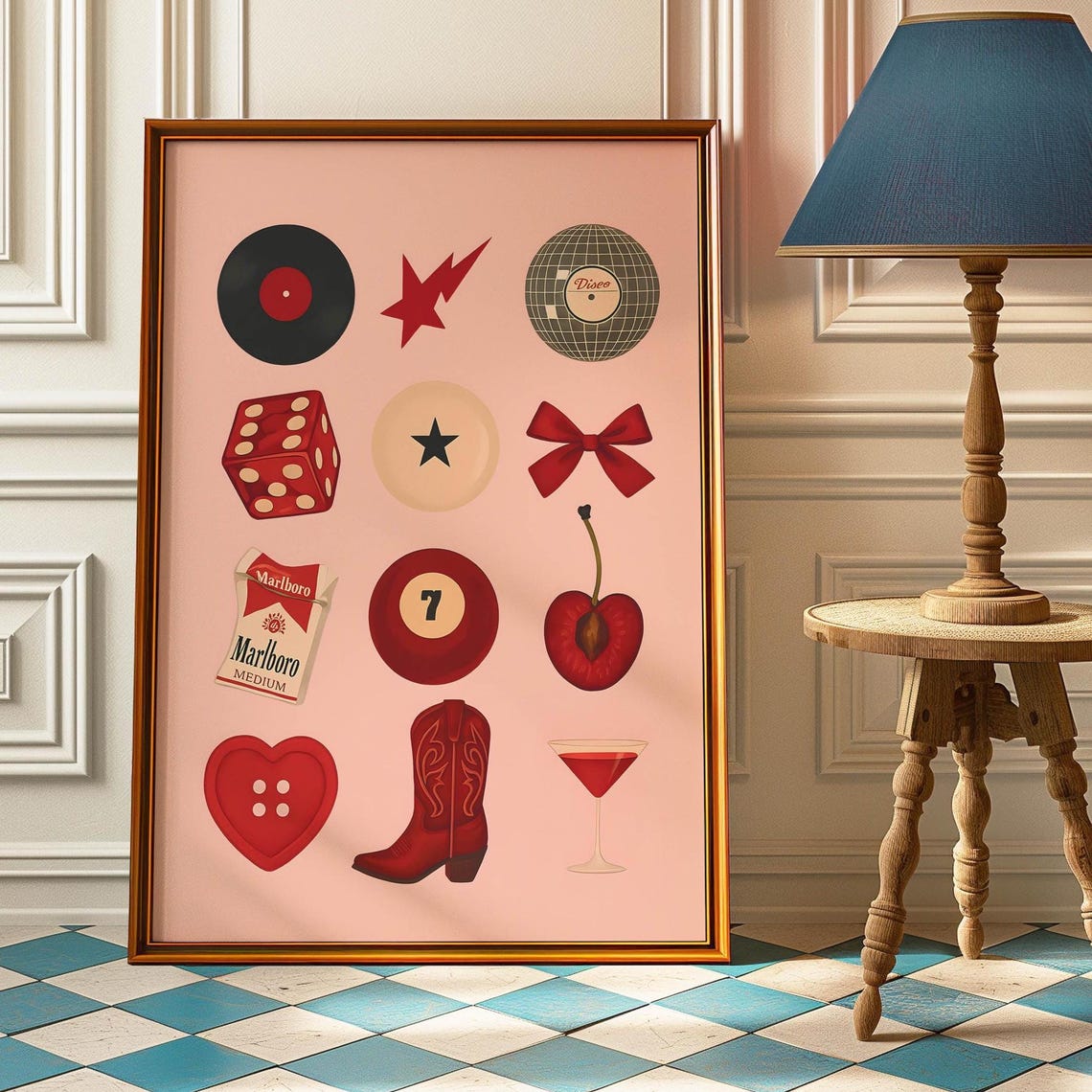 Retro Icon Collage Disco Dice Vinyl Cherry Fun Pop Culture Art Poster