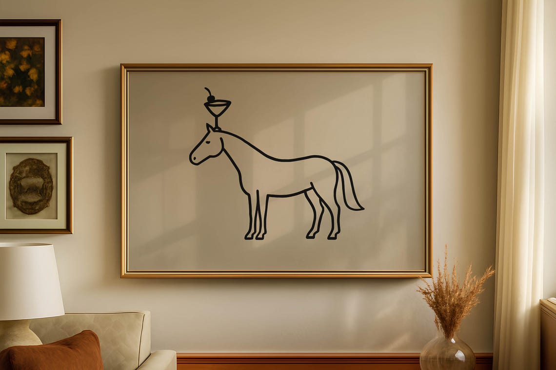 Horse Balancing Martini Cocktail Minimalist Line Drawing Art Print