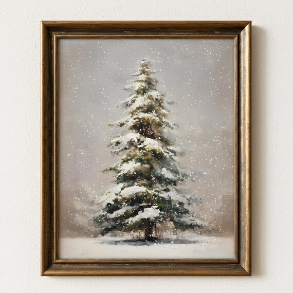 Snowy Evergreen Tree Art Print, Rustic Christmas Decor