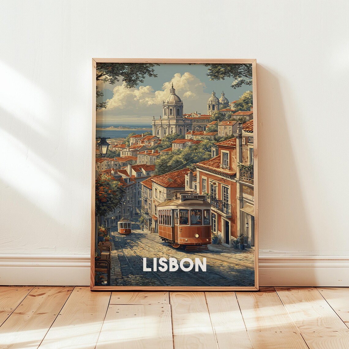 Lisbon Portugal Vintage Tram Alfama Hills Retro Travel Poster
