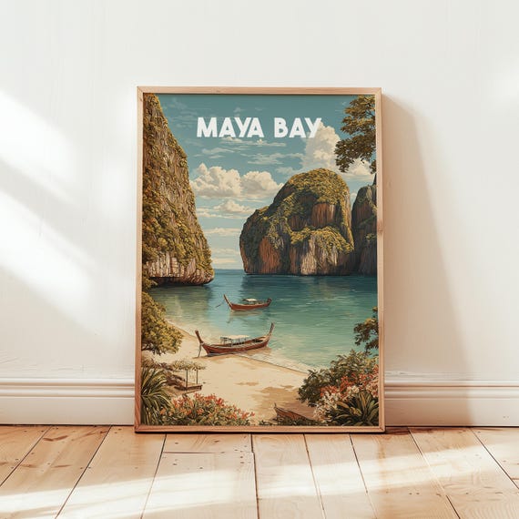 Maya Bay Thailand Travel Poster Vintage Wall Art Print Exotic Beach Artwork Tropical Ocean Decor Thai Coastal Landscape Wanderlust