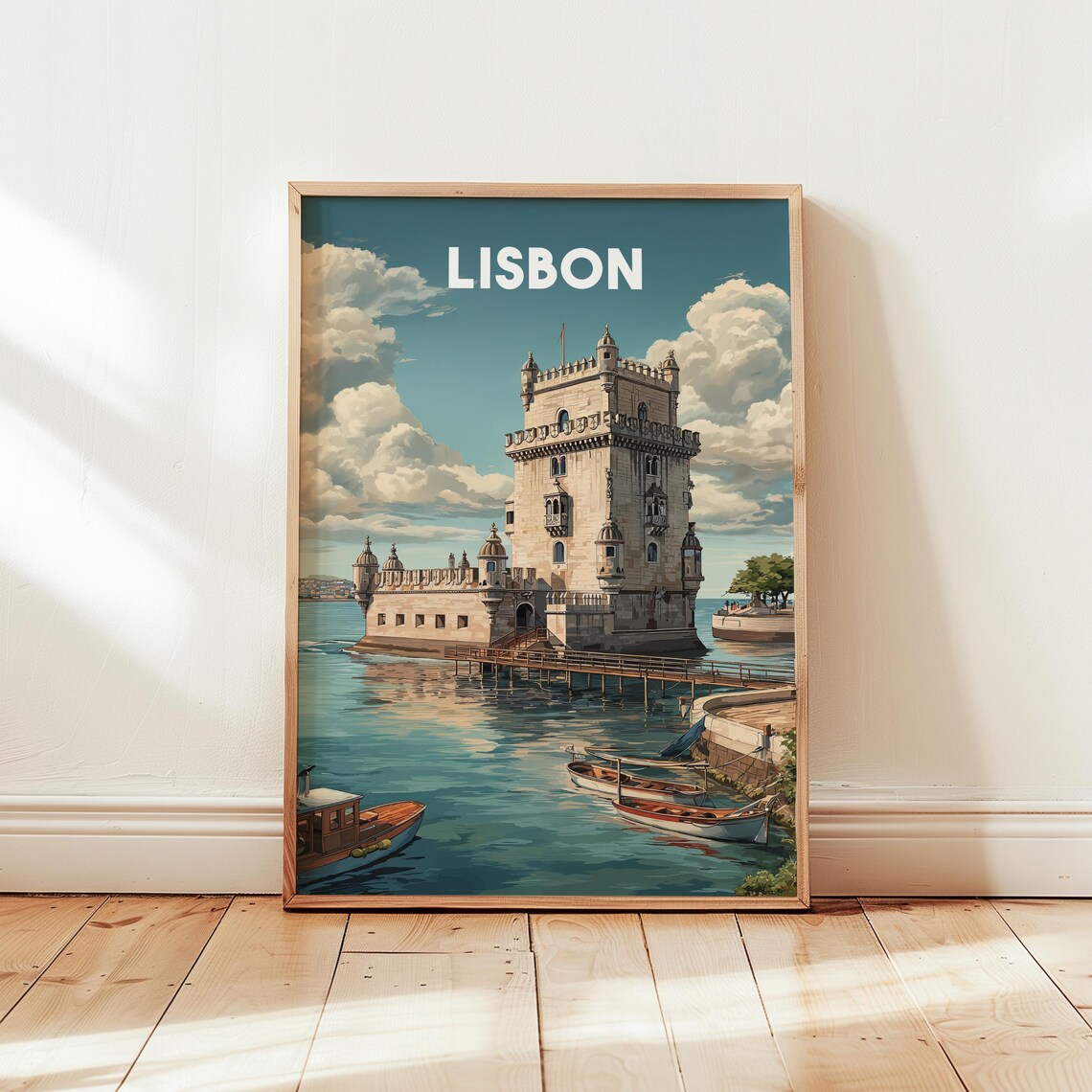 Lisbon Belem Tower Waterfront Boats Portugal Vintage Travel Poster
