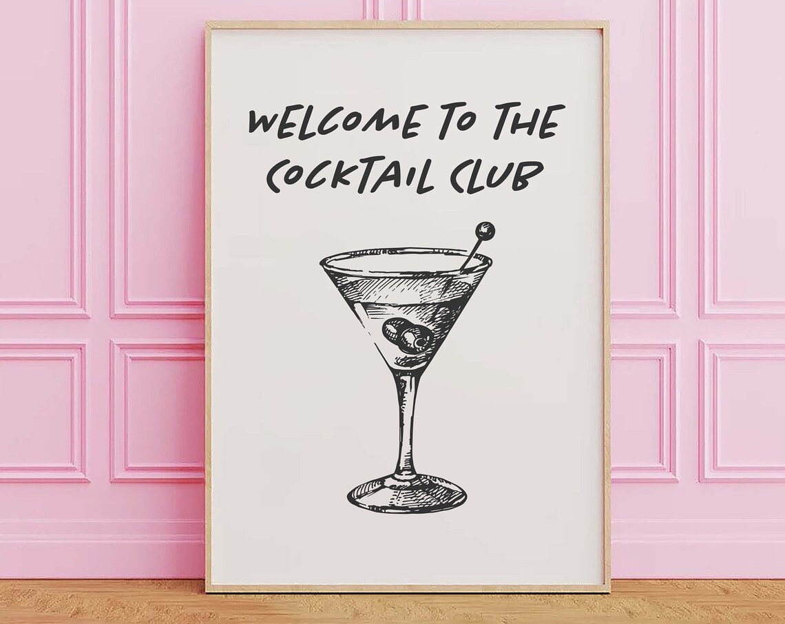 Welcome To The Cocktail Club Black Martini Sketch Bar Art Poster