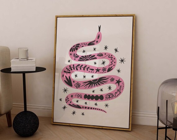 Boho Tattoo Snake Pink Illustration Starry Floral Art Poster
