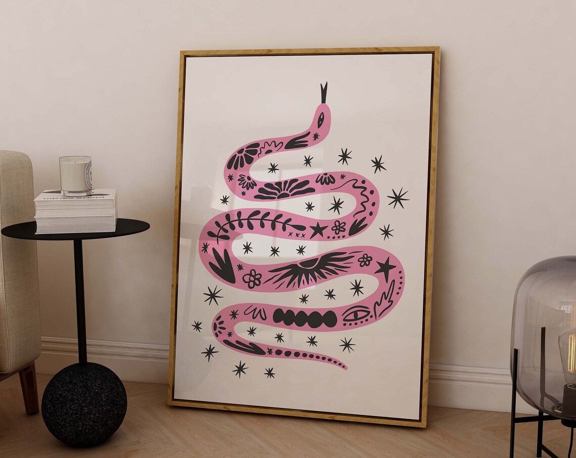 Boho Tattoo Snake Pink Illustration Starry Floral Art Poster