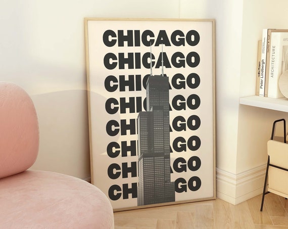 Chicago Travel Print Art Black And White Neutral Chicago Willis Tower Travel Exhibition Print Cute Trendy Wall Art