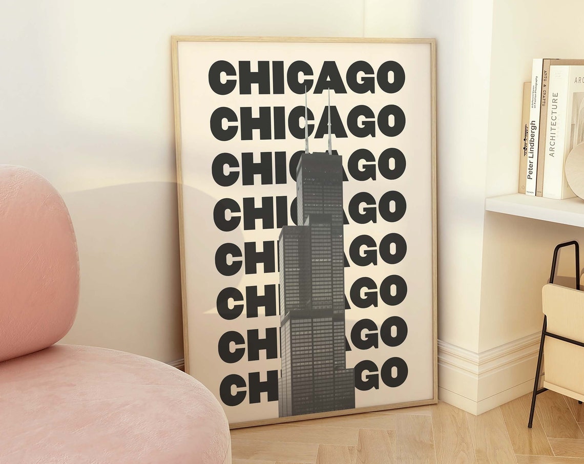 Chicago Willis Tower Skyline Bold Black Typography Travel Poster