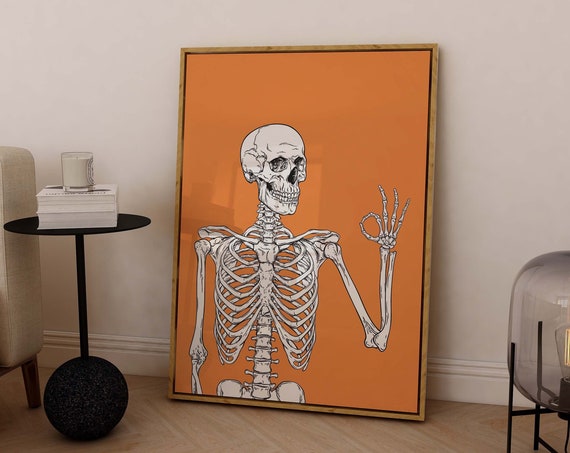 Skeleton Print Art Cute Orange Halloween Wall Decor Trendy Halloween Wall Art Spooky Season Poster