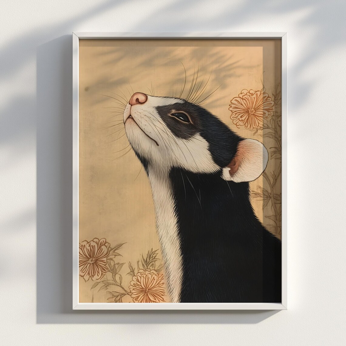 Dreamy Ferret Portrait Golden Floral Japanese Ink Style Poster