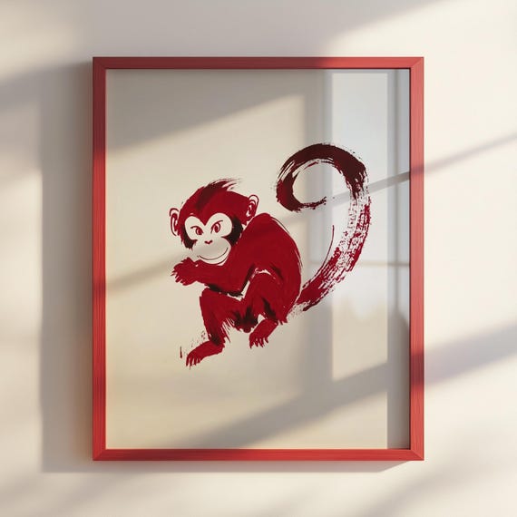 Red Ink Sumie Monkey Painting Japanese Art Playful Zodiac Minimalist Artwork Modern Wall Decor Gift For Lovers