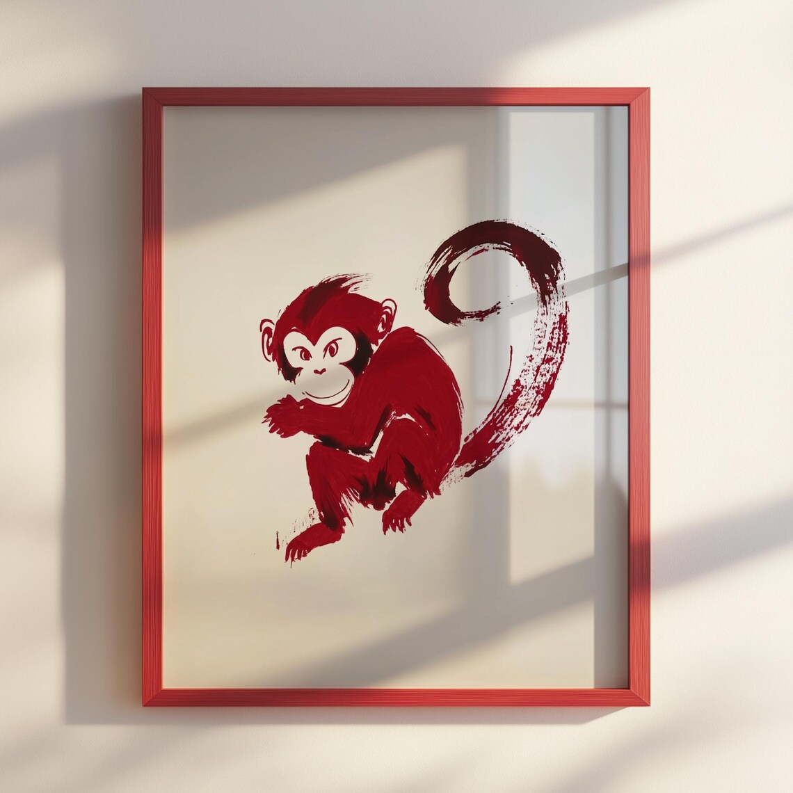 Red Ink Sumie Monkey Painting Playful Japanese Zodiac Animal Poster
