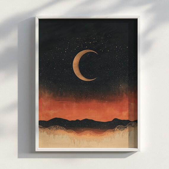 Duskmire Boho Red Dusk Crescent Moon Celestial Landscape Wall Art
