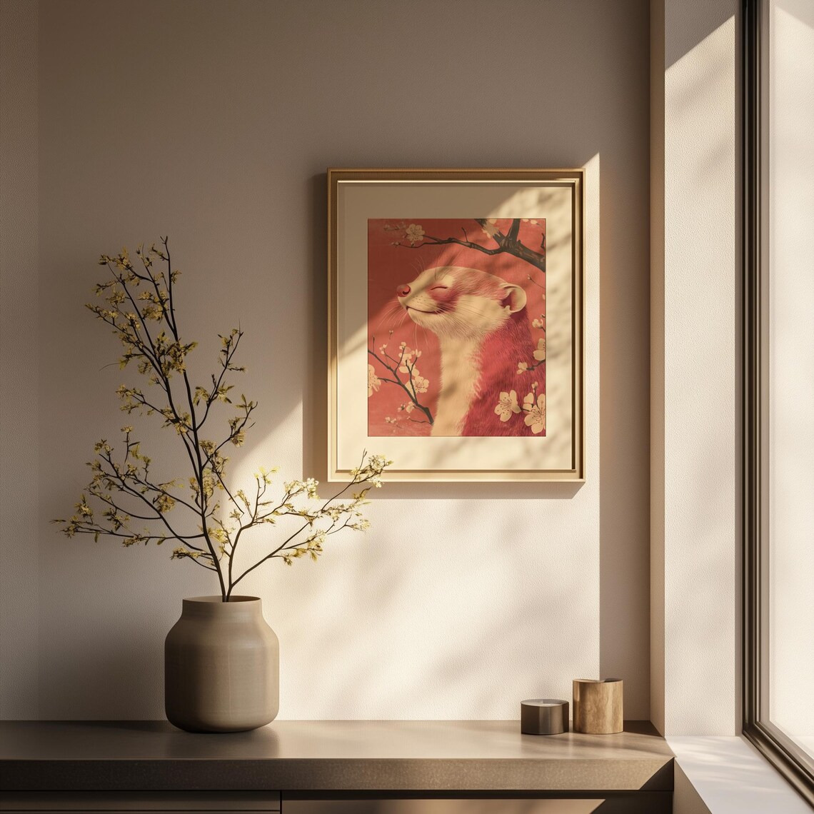 Pink Otter Cherry Blossom Red Japanese Floral Animal Art Poster - Image 3
