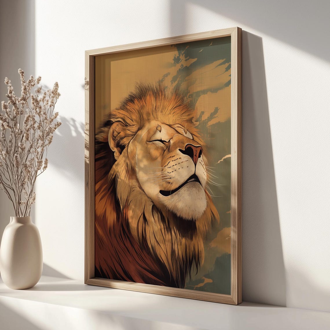 Smiling Lion Portrait Ukiyoe Style Art Relaxed Wall Animal Lovers Decor Peaceful Print Natureinspired - Image 2