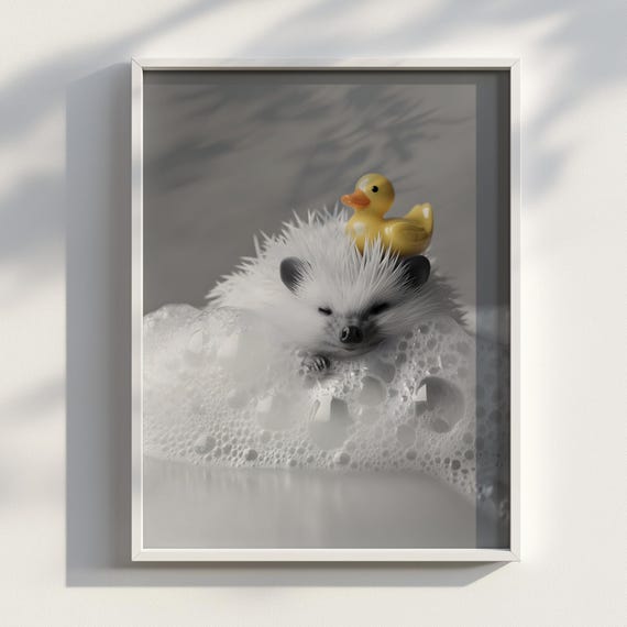 Bath Time Hedgehog Wall Art Rubber Duck Bubble Print Adorable Bathroom Decor Lover Gift Cute Poster