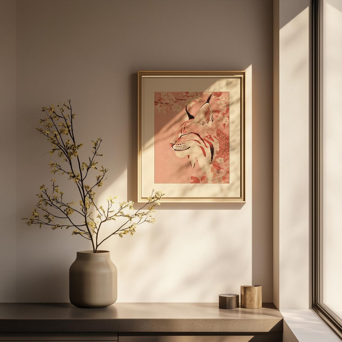 Pink Lynx Cherry Blossom Japanese Floral Wild Cat Art Poster - Image 3