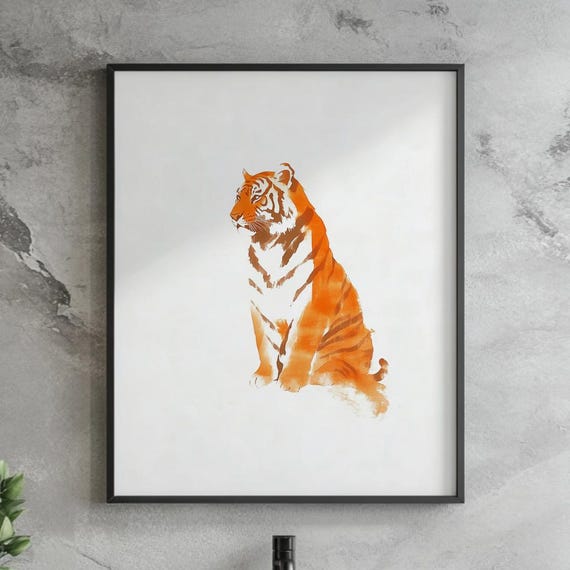 Japanese Sumie Tiger Ink Painting Print Zen Minimalist Brush Art Orange Watercolor Wall Poster