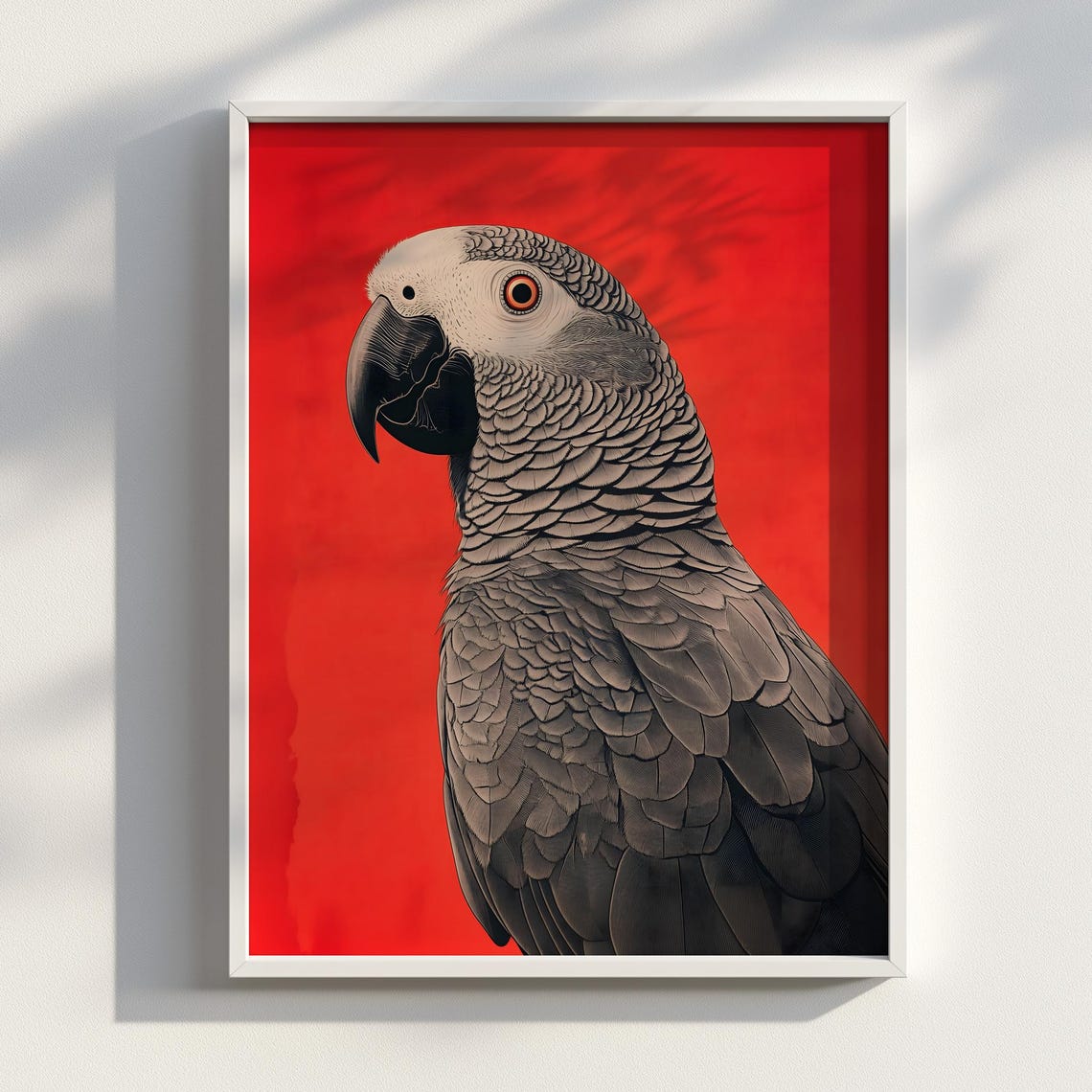 African Grey Parrot Portrait on Bold Red Japanese Ink Art Poster