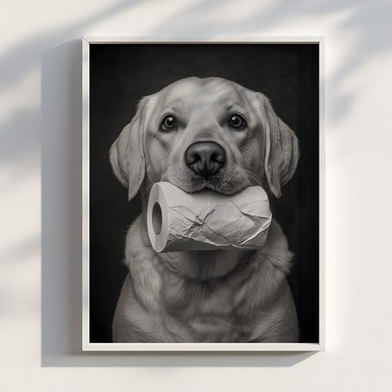 Royal Flush Golden Labrador With Toilet Paper Funny Dog Photography Print Black And White Pet Portrait Wall Art
