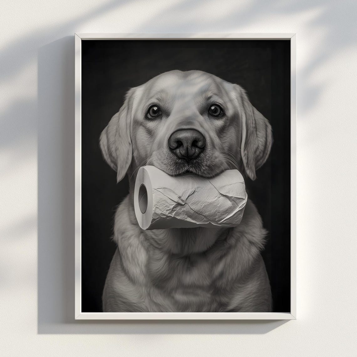 Funny Labrador Holding Toilet Paper Black And White Dog Photo Poster