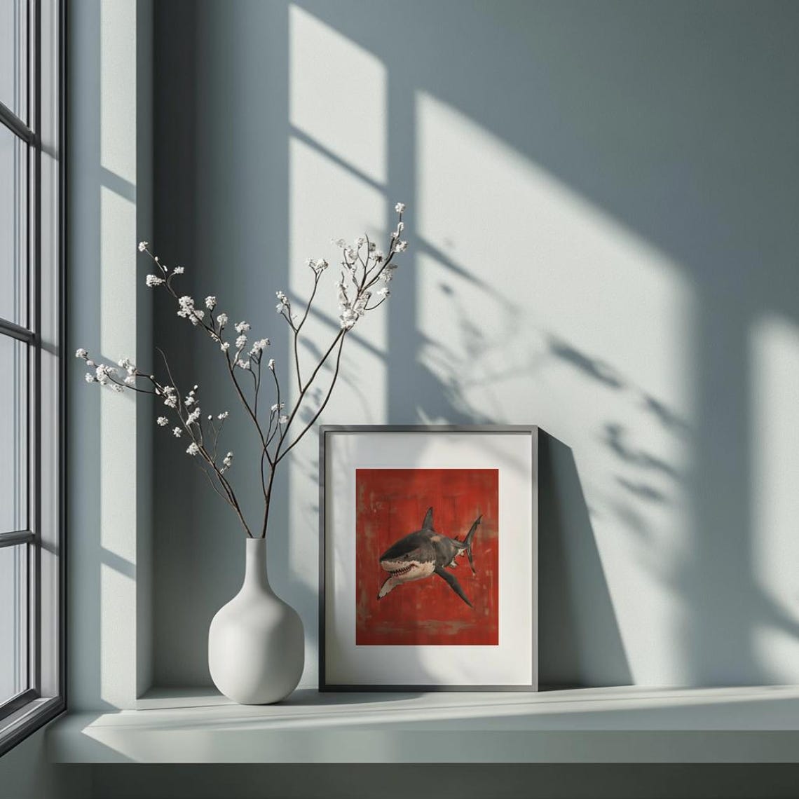 Great White Shark Japanese Style Red Background Ocean Poster - Image 2