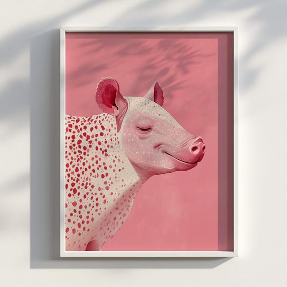 Pink Tapir Wall Art Print In Japanese Ukiyoe Style Peaceful Spotted Illustration For Zen Decor Portrait Monochrome