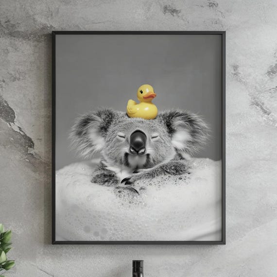 Funny Koala Bath Print Relaxing Bubble Wall Art Black And White Animal Poster Rubber Duck Bathroom Decor Whimsical Wildlife
