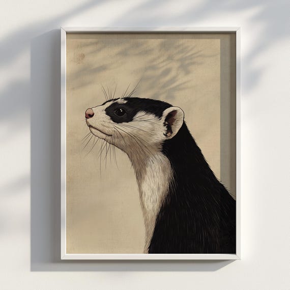 Ukiyoe Ferret Wall Art Print Japanese Woodblock Animal Illustration Minimalist Zen Poster Decor Portrait