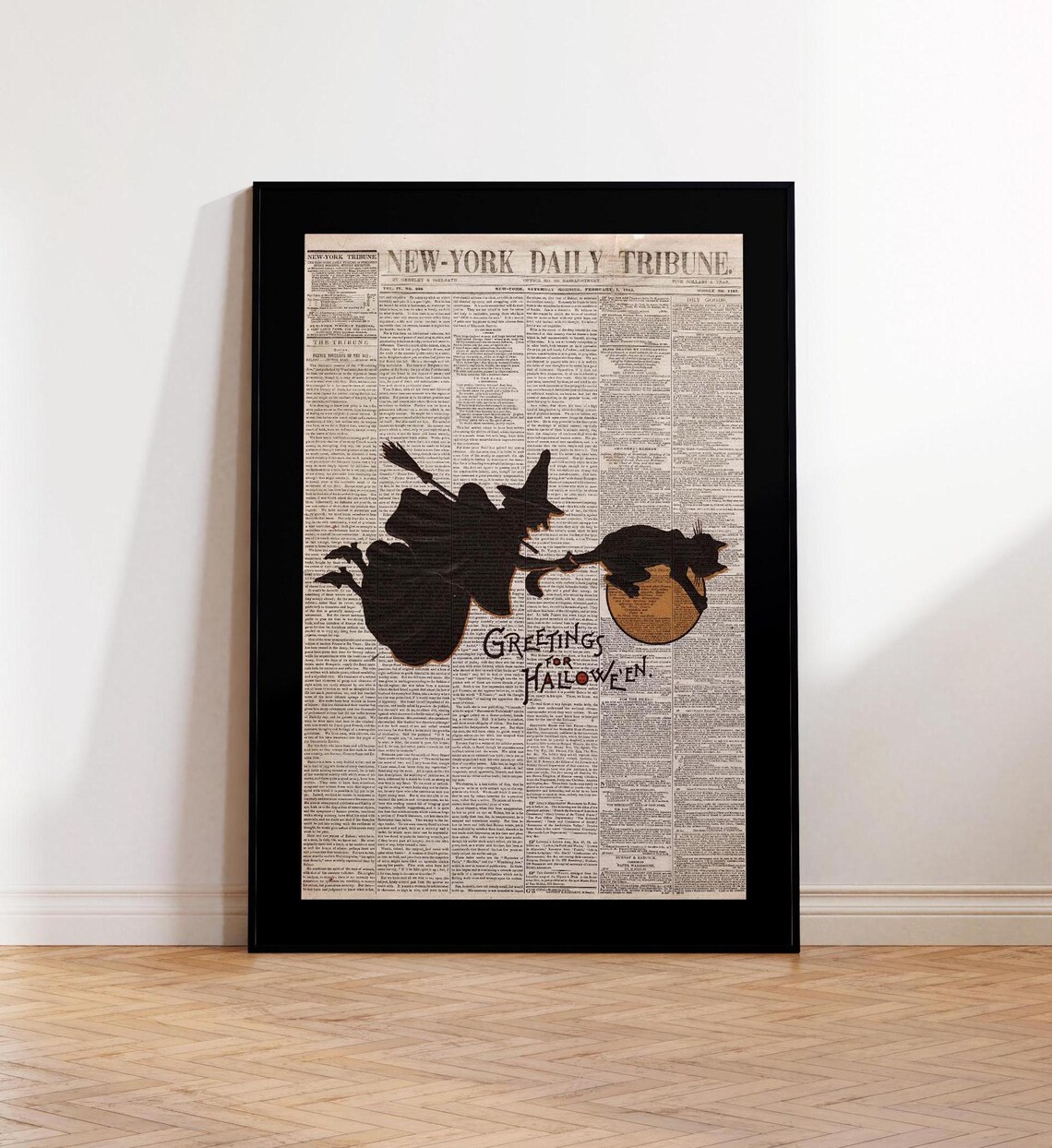 Witch and Cat Flying Over Vintage Newspaper Halloween Art Poster - Image 3