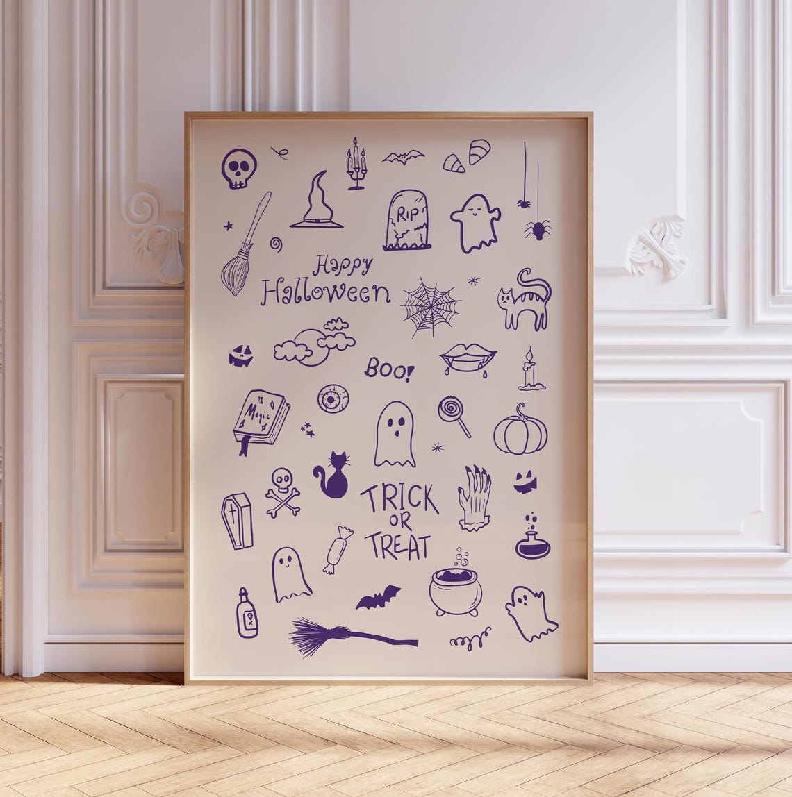 Purple Happy Halloween Doodle Poster with Ghosts Cats and Bats