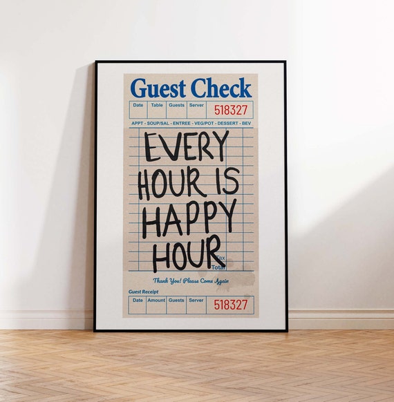 Guest Check Poster Print Every Hour Is Happy Hour Poster Retro Preppy Bar Cart Poster Trendy Funky Wall Print Y2k Art Apartment Decor