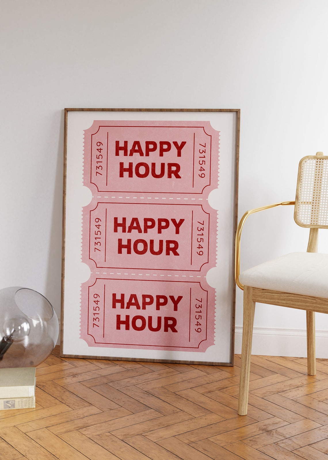 Happy Hour Pink Retro Ticket Stub Bar Cart Decor Maximalist Poster
