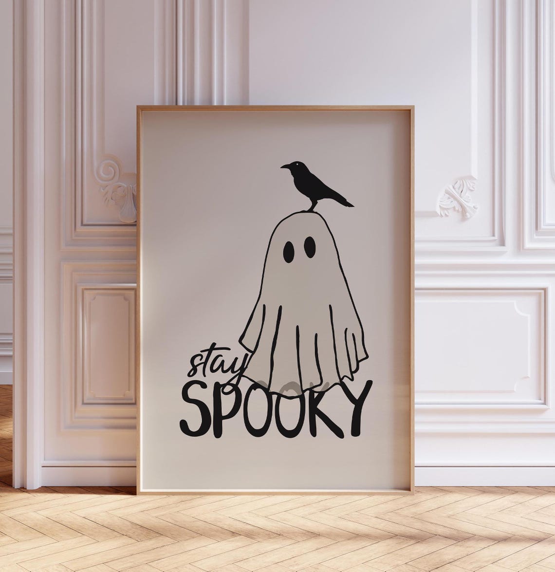 Stay Spooky Ghost with Black Crow Minimalist Cream Halloween Poster - Image 3