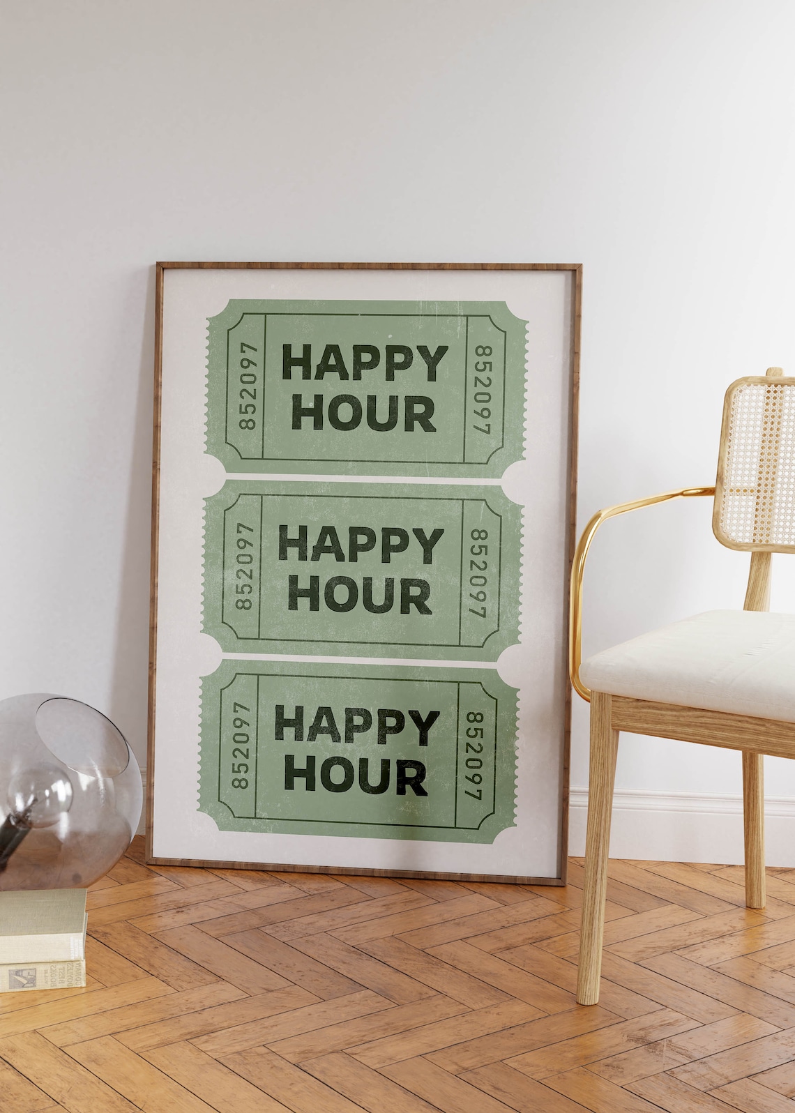 Happy Hour Sage Green Retro Ticket Stub Bar Cart Decor Quote Poster