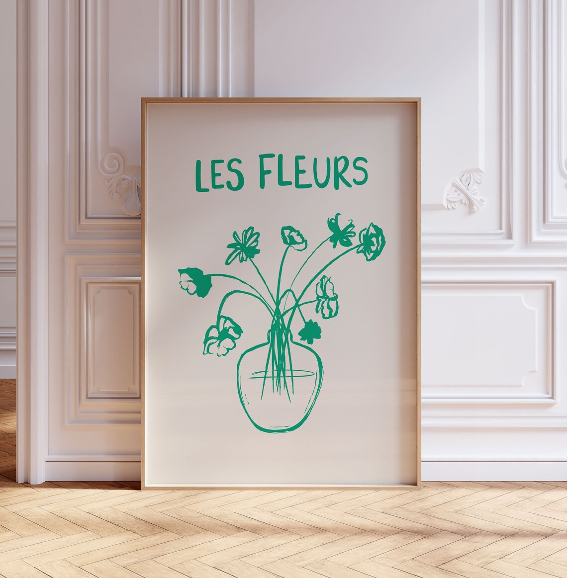Green Les Fleurs Flower Vase Botanical Line Art Hand Drawn Poster