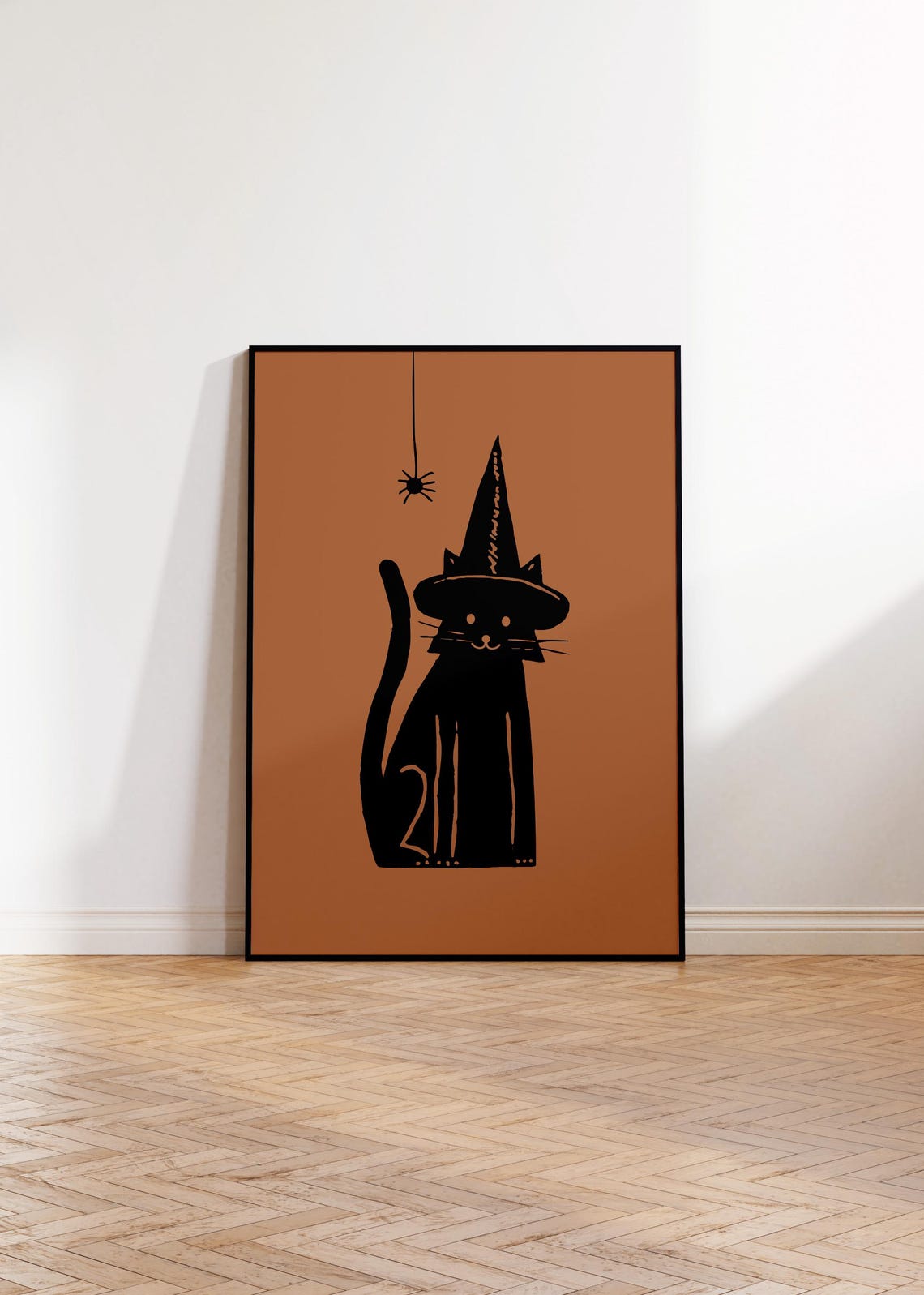 Black Cat in Witch Hat Silhouette Burnt Orange Halloween Poster - Image 3