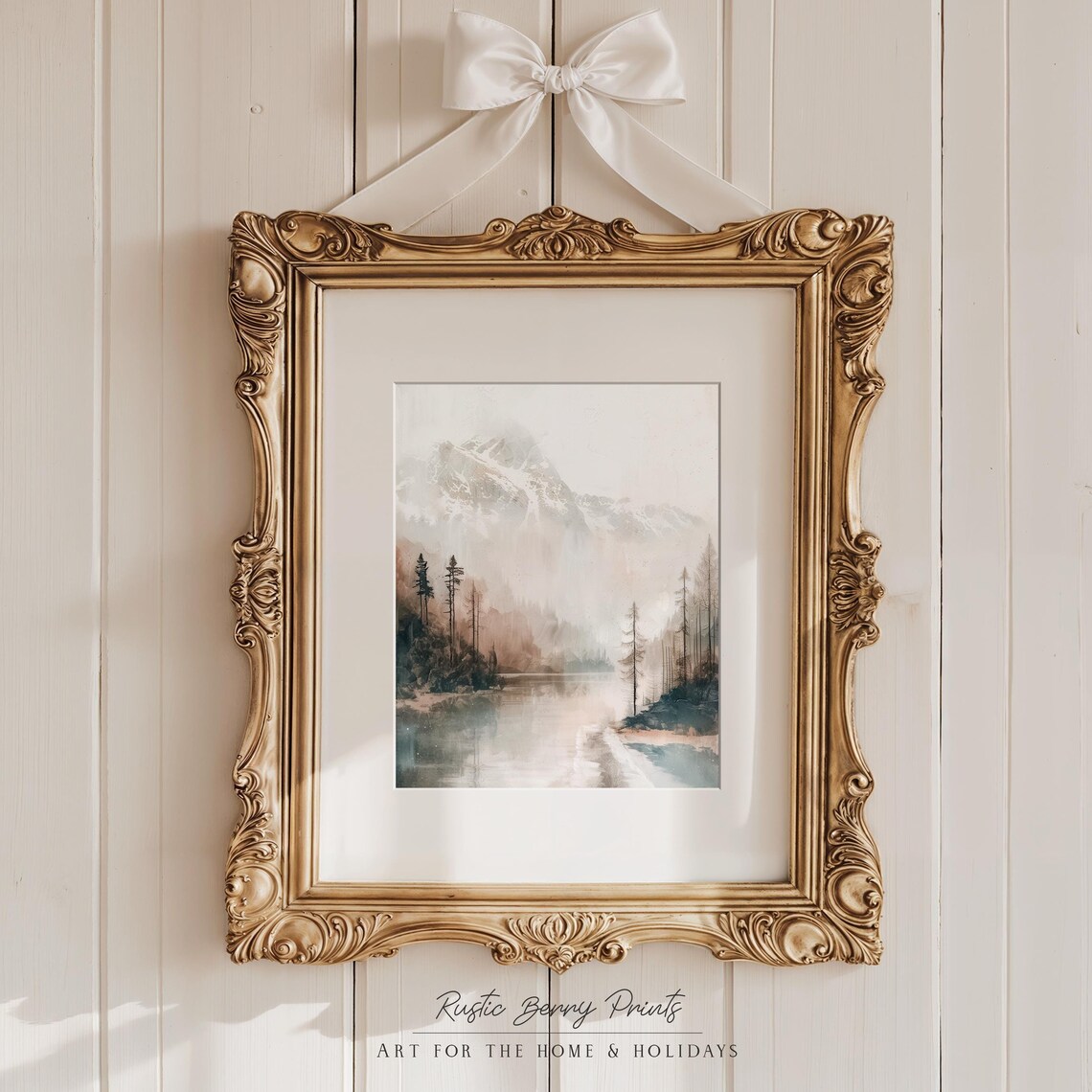 Rustic Landscape Mountains Lake Painting Wall Art Vintage Print Cottagecore Academia Art