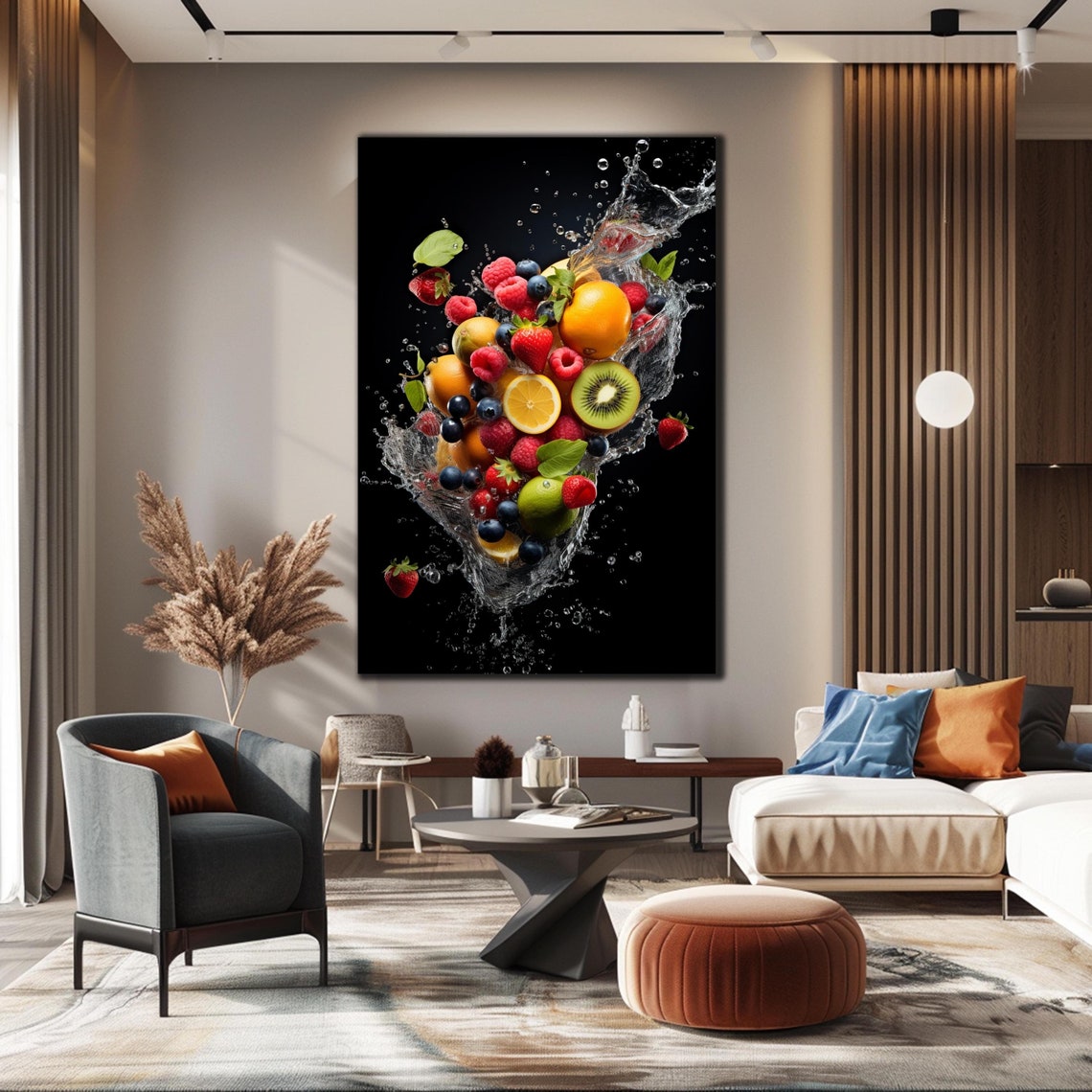 Fruit Splash Berries Orange Kiwi Water Burst Black Background Poster