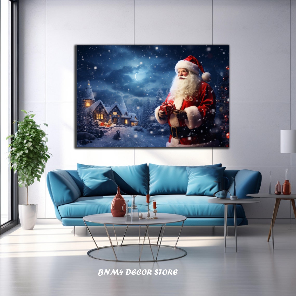Santa Claus Moonlit Snow Village Night Winter Holiday Wall Art