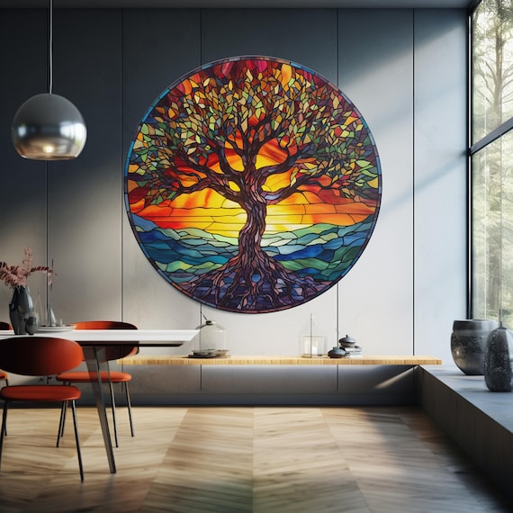 Tree Of Life Tempered Glass Art Tree Of Life Glass Round Life Of Tree Stained Pattern Wall Hanging Uv Printed Round Gift For Unisex