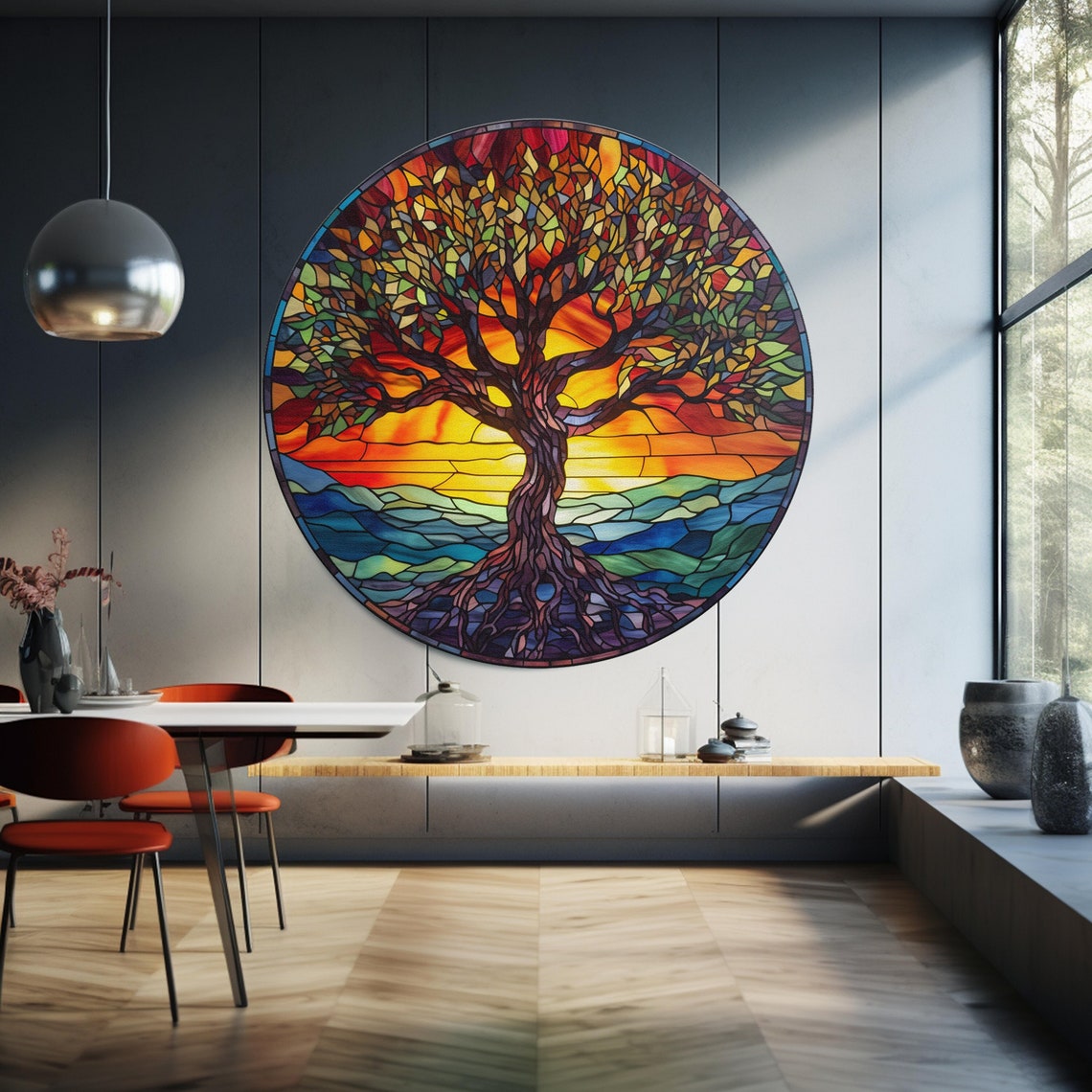 Tree Of Life Sunset Stained Glass Round Green Rolling Hills Art Poster
