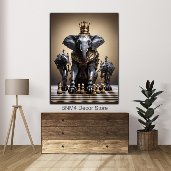 Crowned Elephant King Chess Board Gold Chess Pieces Fantasy Glass Wall Art
