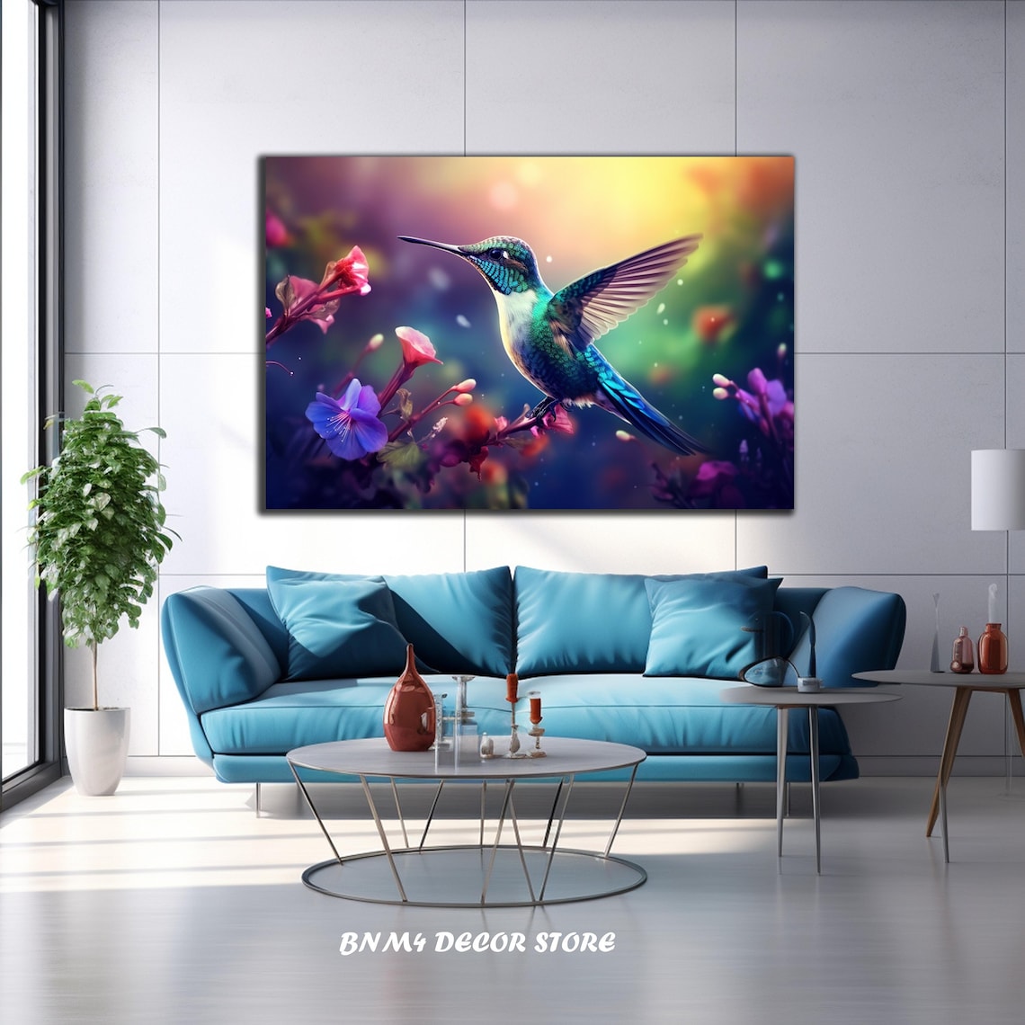 Iridescent Hummingbird Purple Garden Flowers Wildlife Nature Print