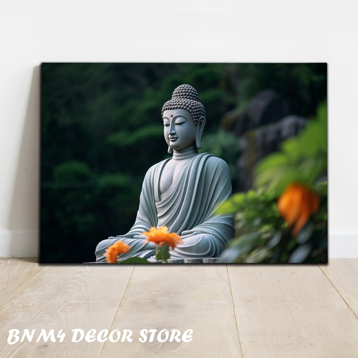Serene Buddha Statue Meditating Garden Orange Flowers Zen Calm Poster
